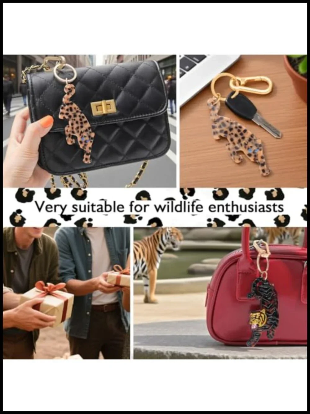 Acetate Leopard Bag Charm Keychain with Gold Clasp and Carabiner
